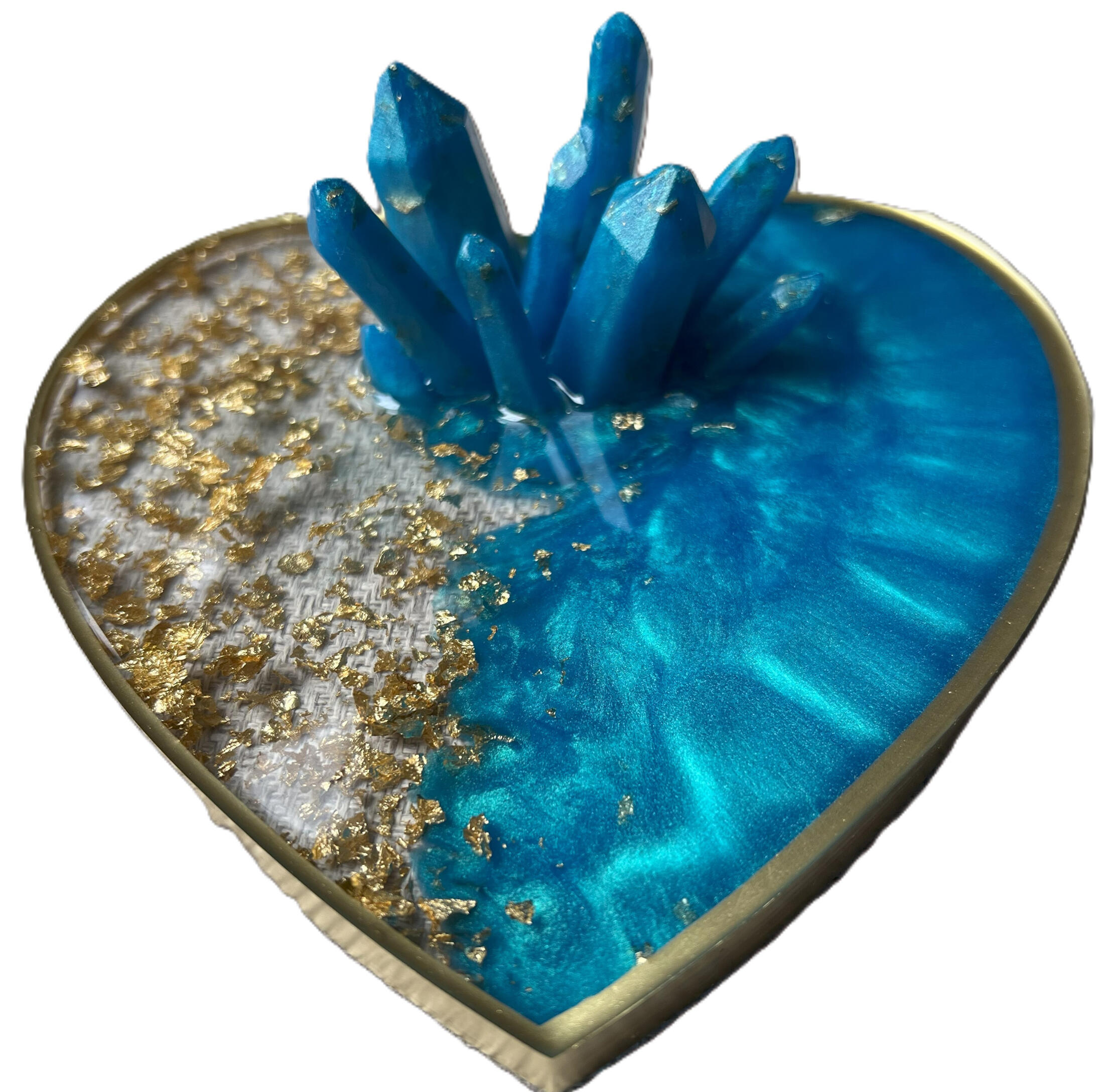 Heart shaped teal ring holder with crystal Jewelry plate in a heart shape and in a teal and gold colors with cluster of crystals on top to hold your rings.
