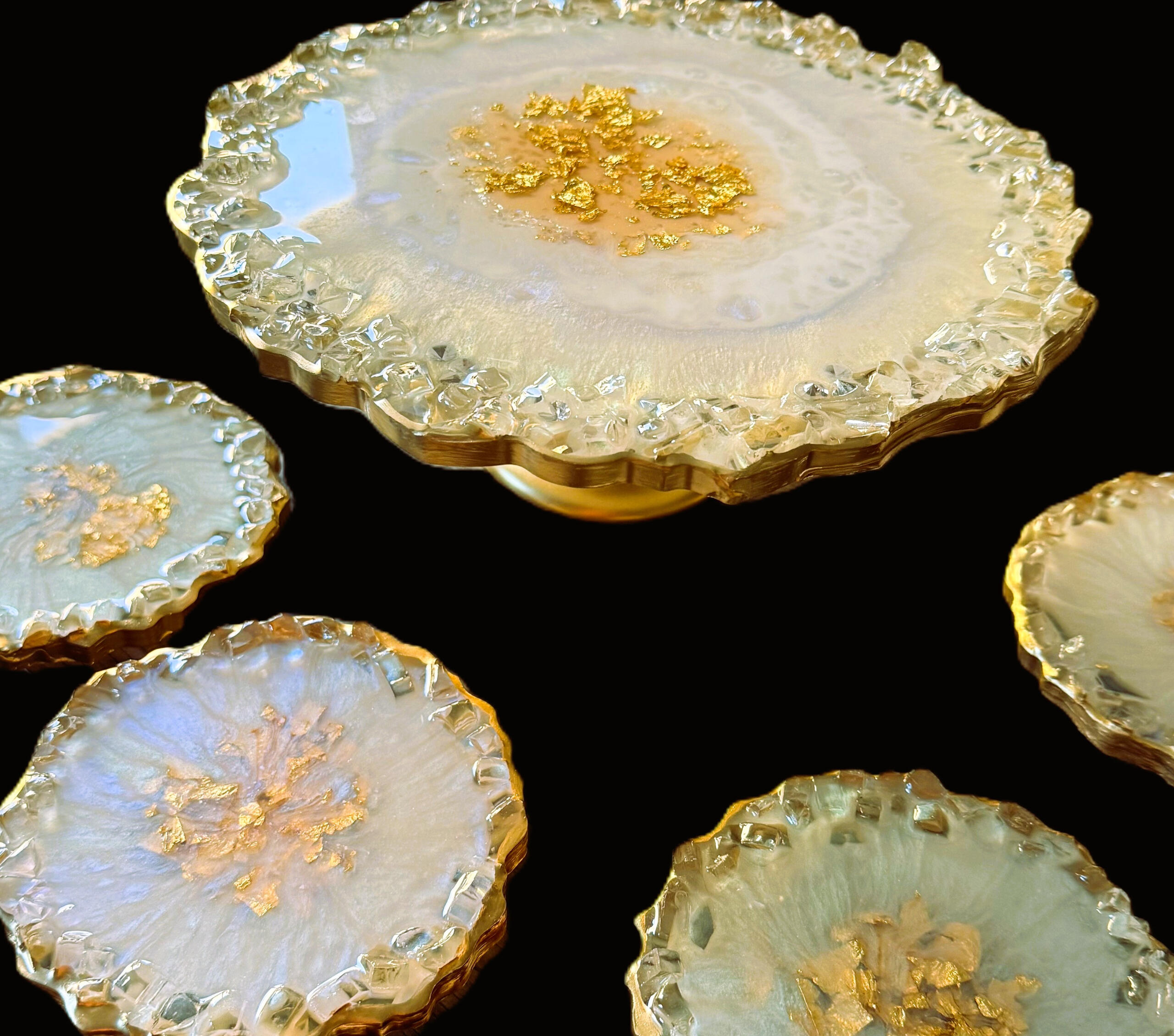 geode cake holder with coasters iridescent white opal cake holder with crushed glass rim and metallic gold pedestal