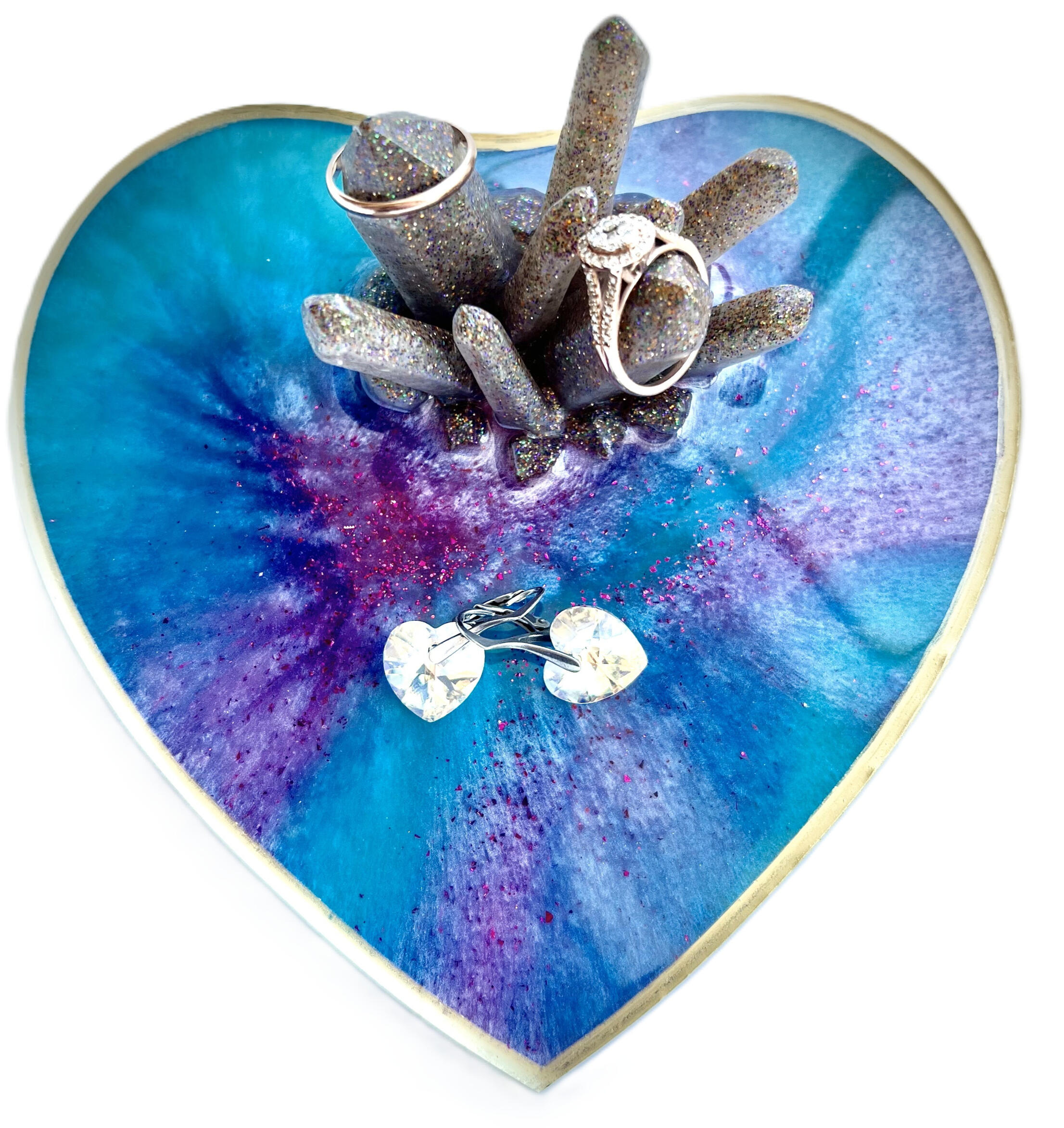 teal and pink crystal ring holder/trinket dish Jewelry plate in a heart shape and in a teal and pink colors with cluster of crystals on top to hold your rings.