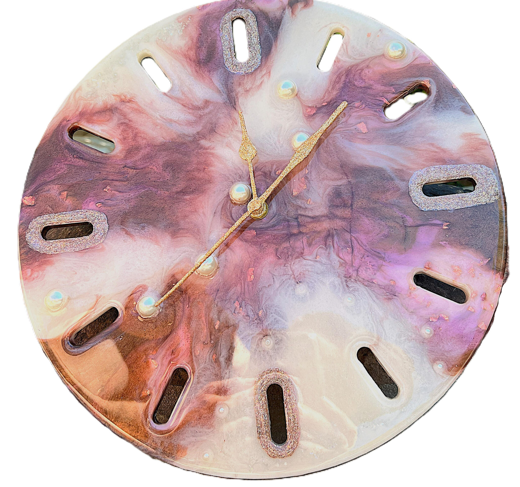 Abstract liquid wall clock Abstract resin clock with colors flowing into each other and with pearls and shimmery gold hands