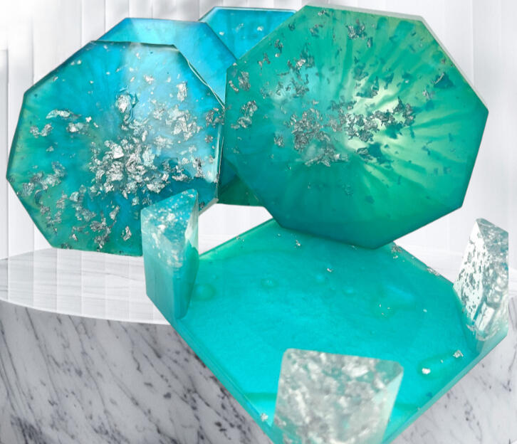 Teal octagon coasters with holder Teal and silver octagon coasters with holder