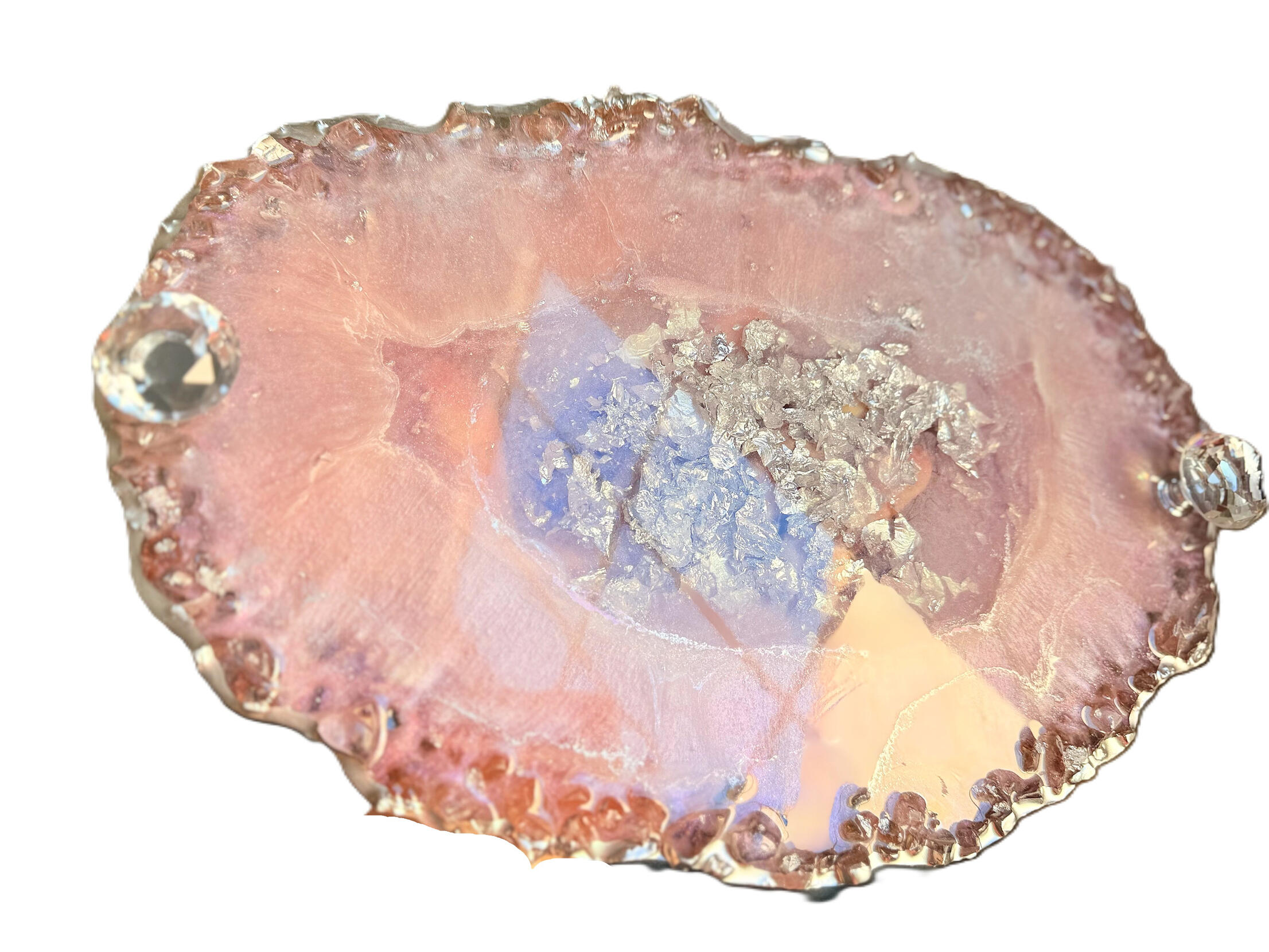 pink geode resin tray Pink geode resin tray with silver accents and crystal holders with silver