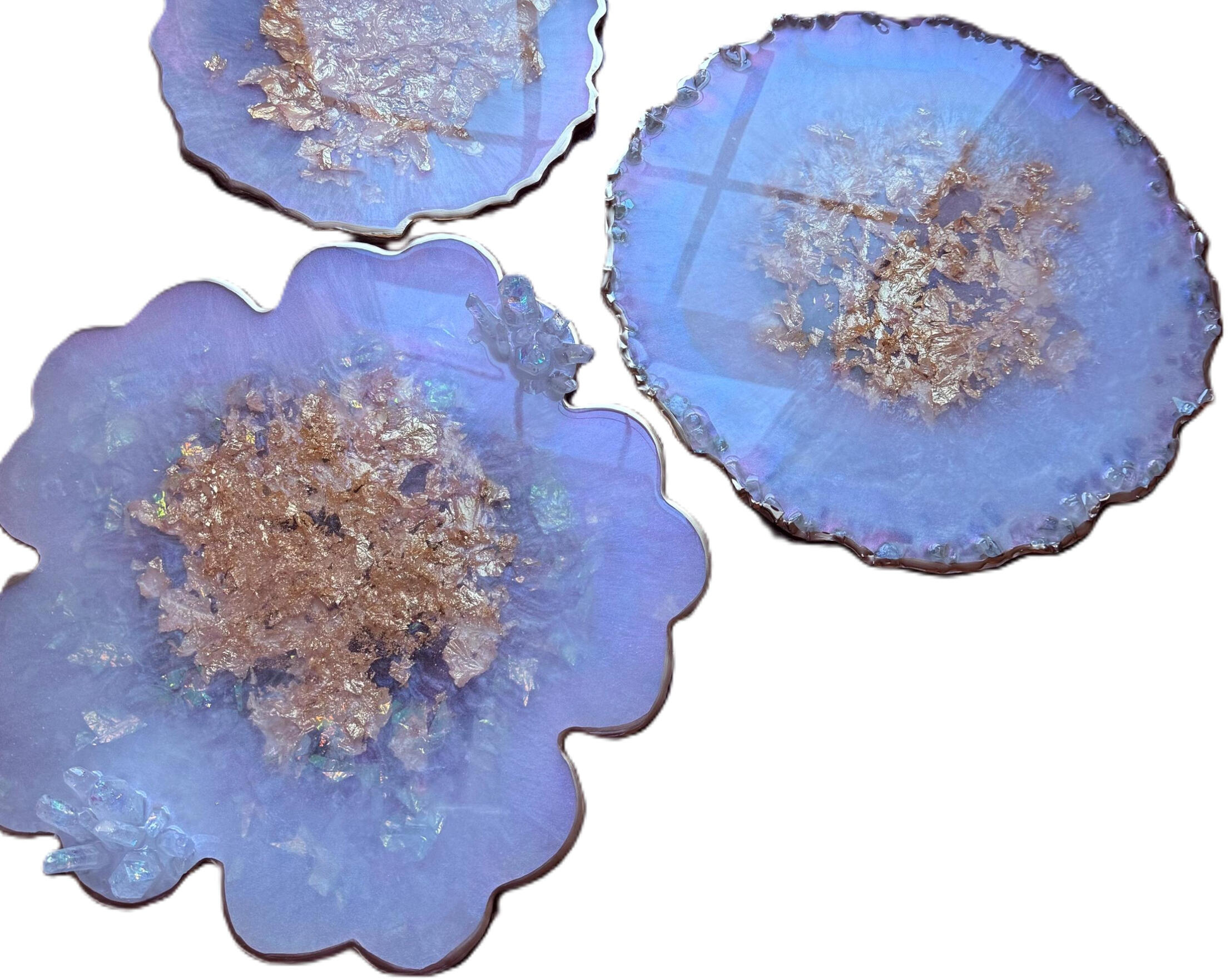 Iridescent white opal trays with gold accents Iridescent white opal tray with gold accents. They come in different sizes and shapes, including round, oval, flower etc