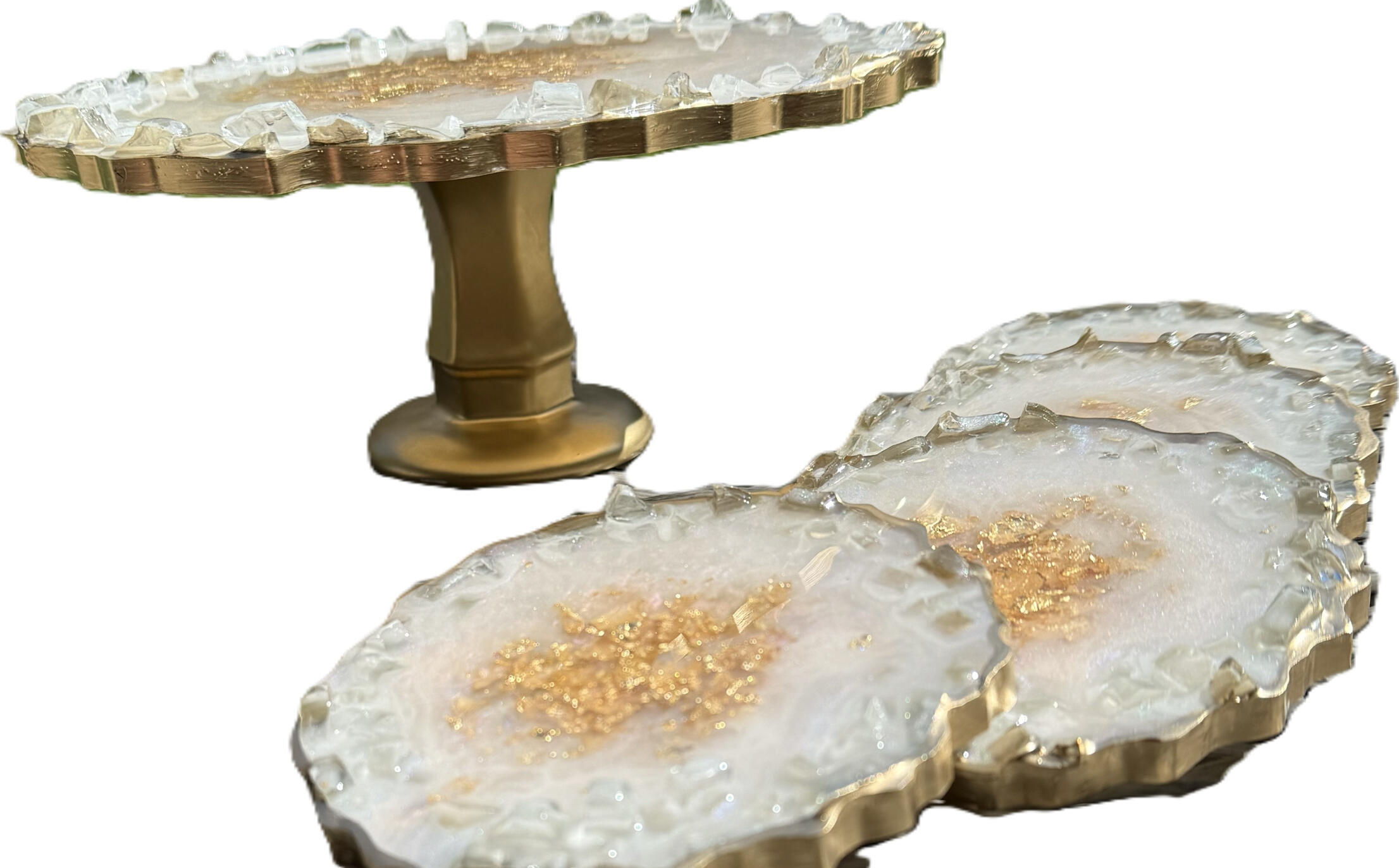 iridescent white cake stand with crushed glass rim and gold pedestal iridescent white cake stand with crushed glass rim and gold pedestal with gold accents and matching coasters