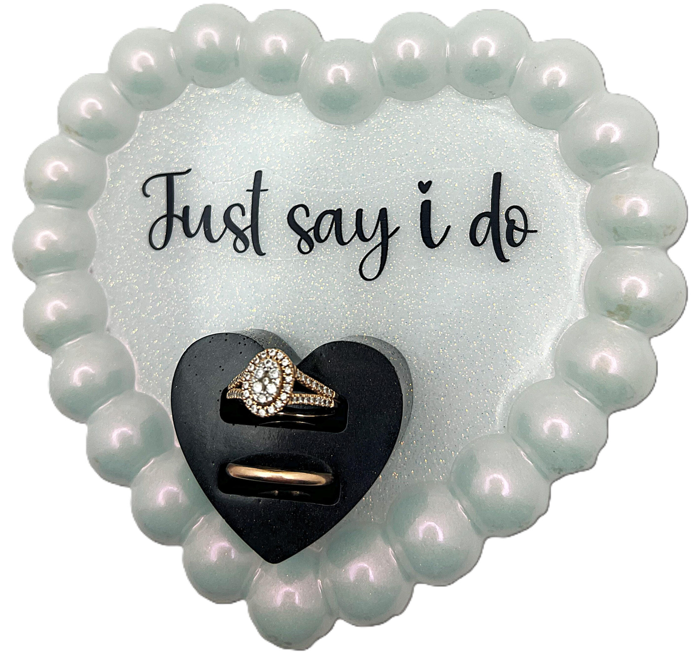 Pearl bubble jewelry dish Iridescent white color jewelry plate with ring holder in the middle. This trinket dish can be personalized with your own words in a playful font. Great for wedding ring holder, proposal ring etc