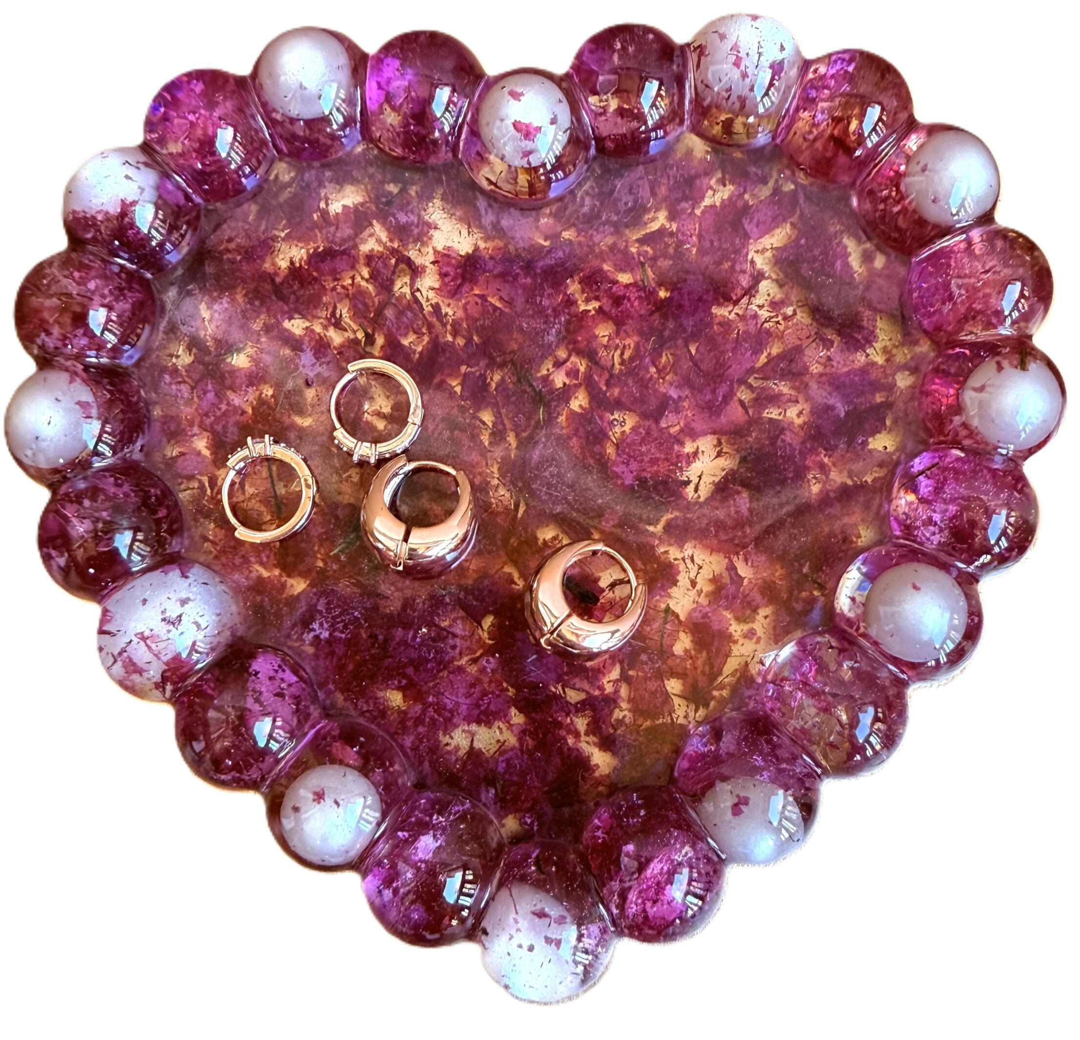 heart flower and pearl trinket dish trinket dish made of dried purple pink flowers and pearls inside a heart shaped beaded jewelry plate
