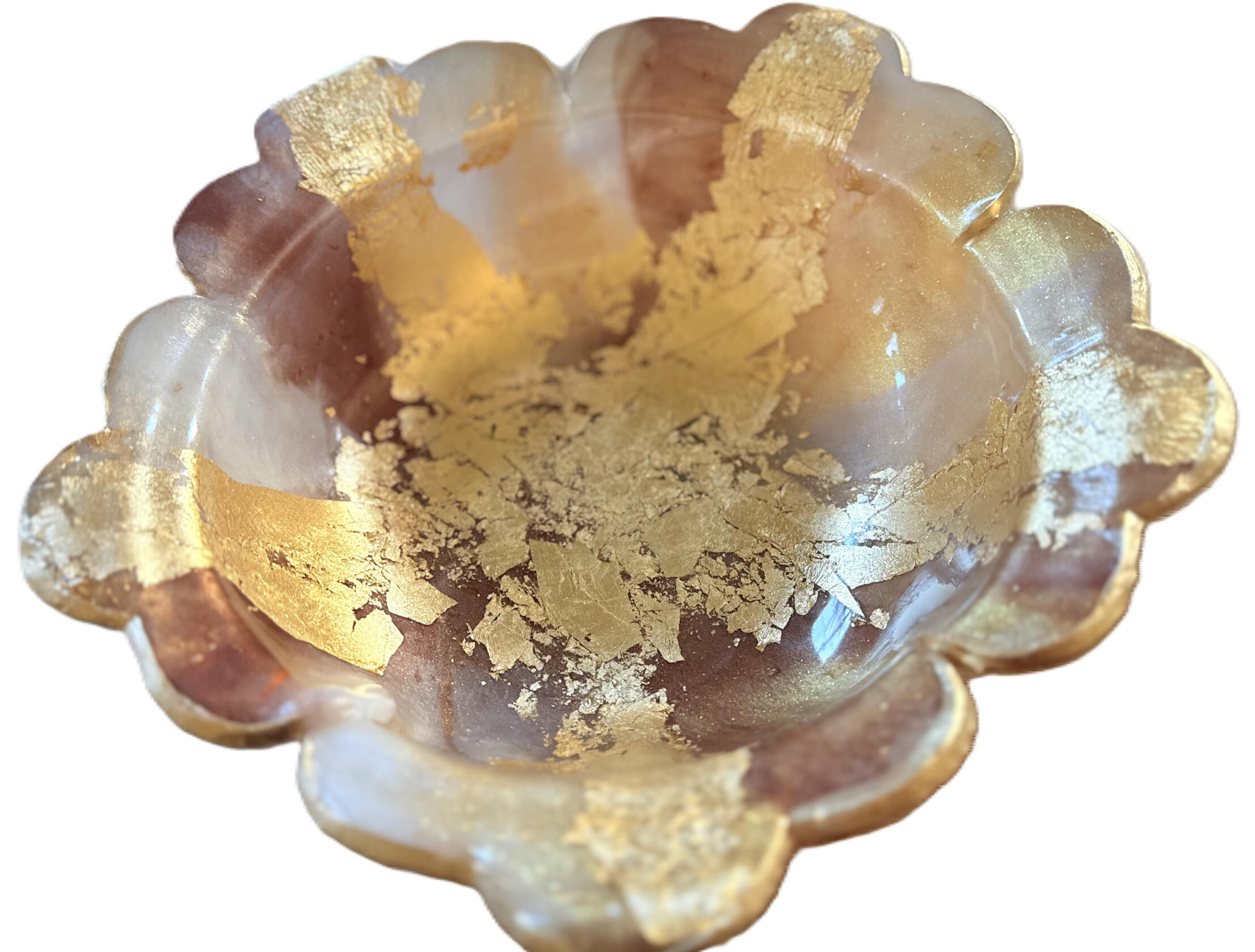 Medium brown and gold flower bowl Medium size brown and gold flower shaped decorative bowl with gold accents