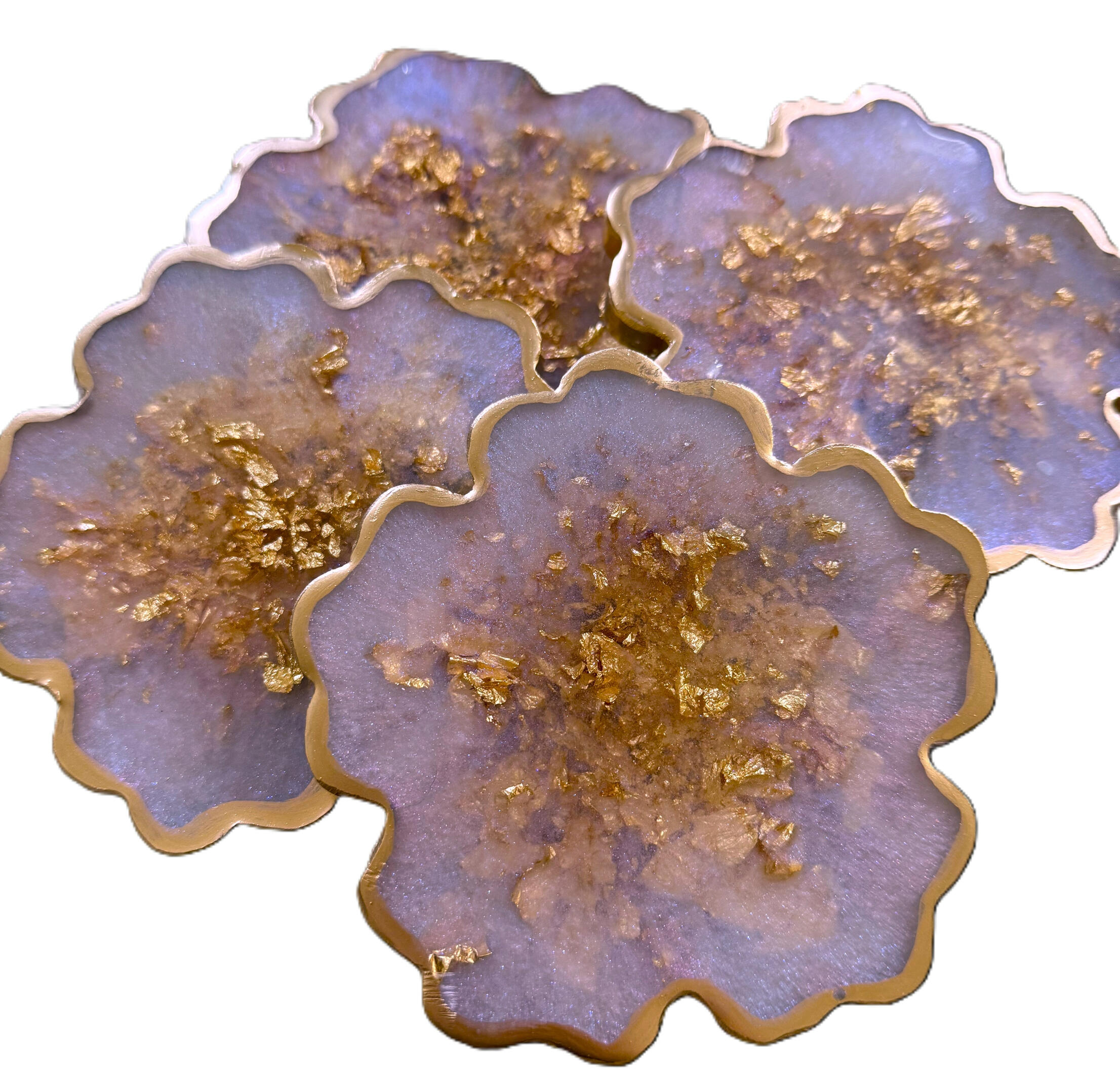 Iridescent white opal flower coasters Iridescent white opal flower coasters with gold accents and gold edging